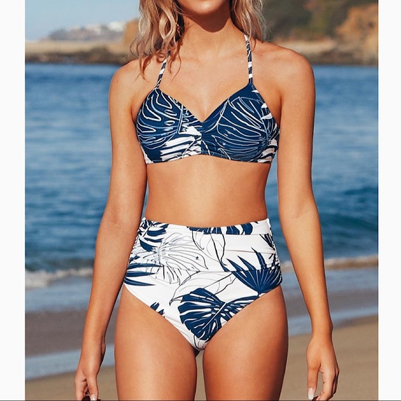 NEW Blue And White Leafy High Waisted Bikini Size Small - Picture 4 of 8